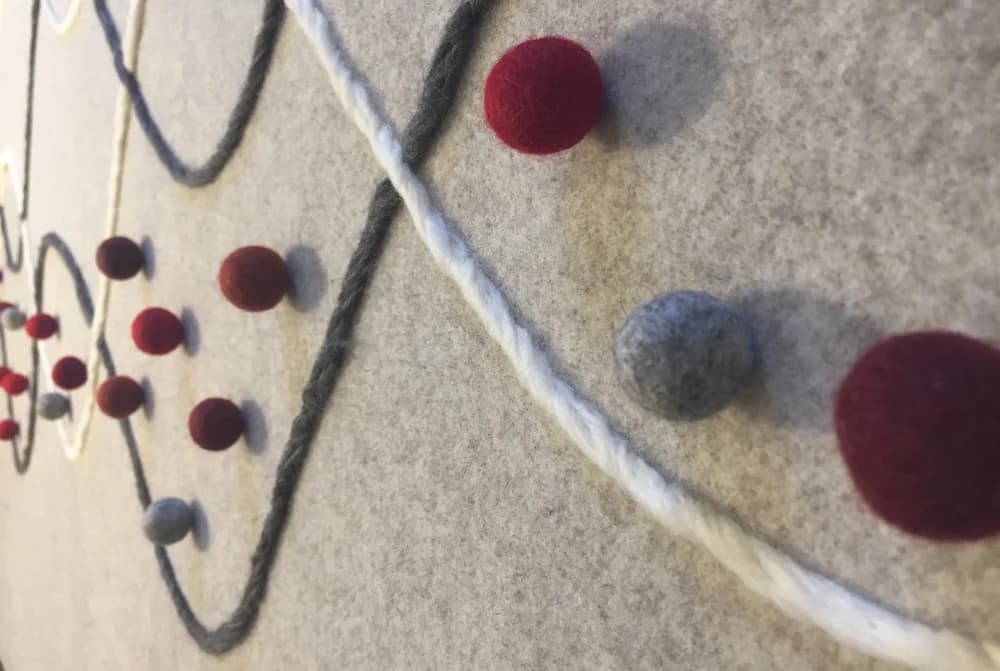 Detail of needle felted wool with red and grey fibres